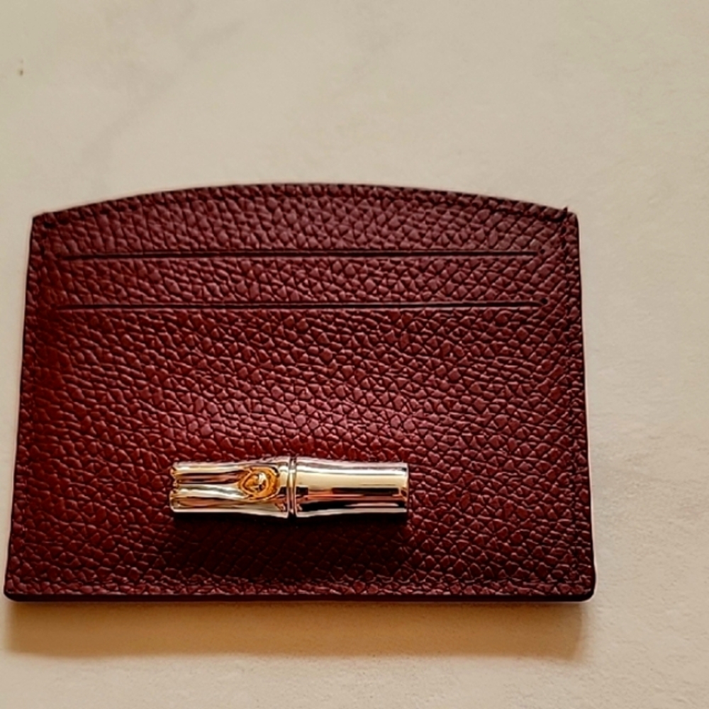 ⭐️LONGCHAMP Authentic Le Roseau Burgandy Card Holder with Silver Bamboo Accent